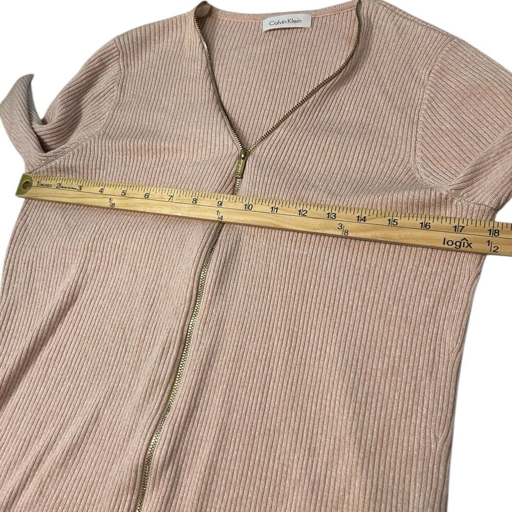Calvin Klein Ribbed Zip Front Cardigan Sweater Pink Beige Neutral Long Sleeve - Picture 4 of 6